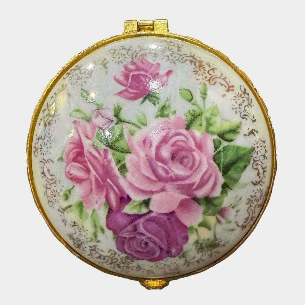 Vintage Floral Porcelain Jewelry Box with Gold Accents